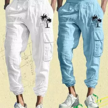 Мужские модные эластичные облегающие брюки с несколькими карманами для кемпинга и отдыха на природе с принтом кокосовой пальмы, однотонные спортивные брюки S белый