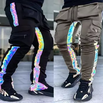 Мужские модные брюки для активного отдыха на открытом воздухе, светоотражающие брюки для бега с большим карманом, повседневные леггинсы M чёрный