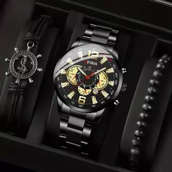 Мужские модные часы с календарем, повседневные мужские часы с круглым указателем, мужские кварцевые наручные часы, набор браслетов, мужские часы с датой серебряный