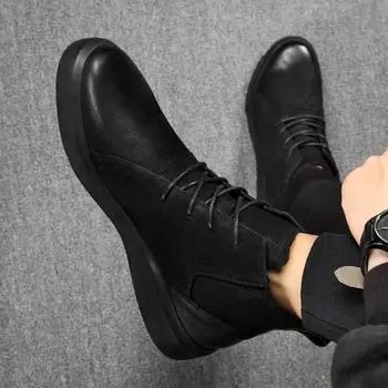 Мужские модные черные высокие ботинки Martin: Универсальная зимняя обувь в британском стиле из натуральной кожи с бархатной подкладкой. Size 44