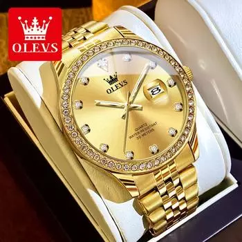 Мужские модные деловые кварцевые часы с бриллиантами, водонепроницаемые, светящийся циферблат с календарем, праздничный подарок, мужские изысканные подарочные часы золотой