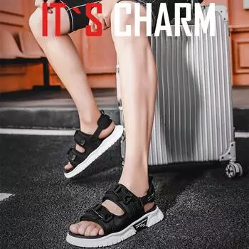 Мужские модные дышащие парусиновые пляжные сандалии для улицы, нескользящие, высокого качества, для ходьбы, летняя обувь 40 чёрный