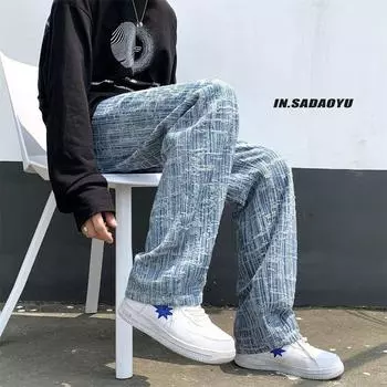 Мужские модные джинсы Мужская уличная одежда Хип-хоп Свободные прямые джинсовые брюки Мужские брюки S синий