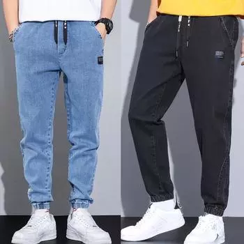 Мужские модные джинсы с эластичной резинкой на талии, спортивные брюки, повседневные прямые уличные свободные джинсы с завязками, большие размеры 8XL M синий