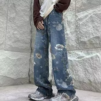 Мужские модные джинсы с принтом, джинсовые брюки с цветочным принтом, корейский стиль, свободные широкие джинсовые брюки в стиле хип-хоп S синий
