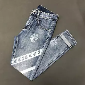 Мужские модные джинсы с принтом, джинсовые брюки с цветными блоками, узкие прямые брюки с буквенным принтом 28 синий