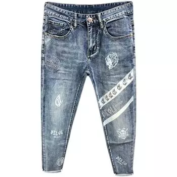 Мужские модные джинсы с принтом, джинсовые брюки с цветными блоками, узкие прямые брюки с буквенным принтом 28 синий
