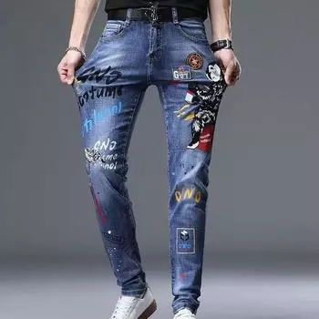 Мужские модные джинсы с забавной вышивкой и принтом, облегающие эластичные спортивные брюки 27 синий
