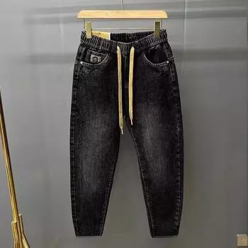 Мужские модные джинсы-шаровары с эластичным поясом и принтом – универсальные, повседневные, облегающие S [Recommended for 80-90 kg]