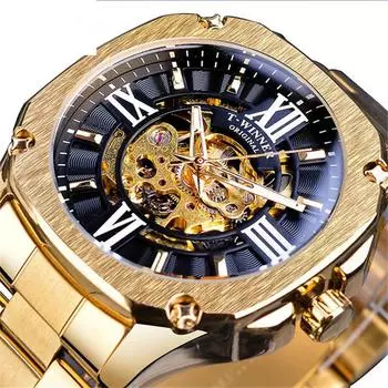 Мужские модные и повседневные механические часы европейского и американского стиля с полым механизмом, полностью автоматические механические часы