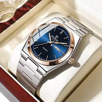 Мужские модные кварцевые часы из нержавеющей стали с двойным календарем и циферблатом, водонепроницаемые, светящиеся, мужские деловые часы, изысканные мужские подарочные часы синий/серебряный