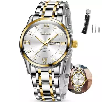 Мужские модные кварцевые часы Taxau, водонепроницаемые, браслет из нержавеющей стали, дисплей даты, белый циферблат (большой)