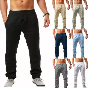 Мужские модные льняные дышащие свободные длинные брюки, однотонные прямые брюки M чёрный