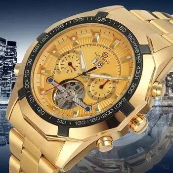 Мужские модные мужские автоматические механические часы с турбийоном и большим циферблатом Forsining золотой/чёрный