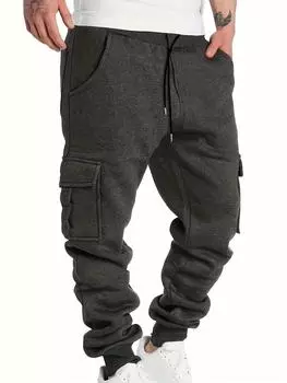 Мужские модные однотонные брюки-карго с несколькими карманами, повседневные слегка эластичные дышащие теплые брюки для бега S чёрный