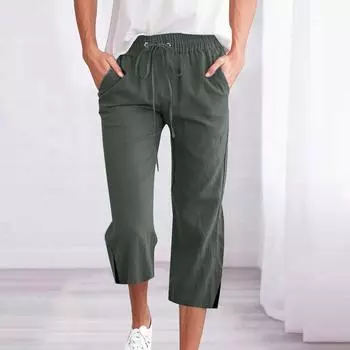 Мужские модные однотонные повседневные свободные прямые брюки из хлопка и льна с завязками и карманами для дома 7/10 L армия зеленый