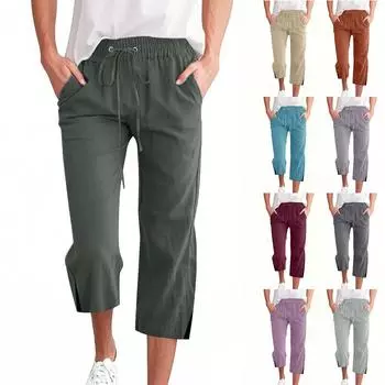 Мужские модные однотонные повседневные свободные прямые брюки из хлопка и льна с завязками и карманами для дома 7/10 L