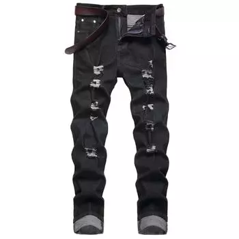 Мужские модные потертые джинсы Уличные модные молодежные эластичные облегающие джинсы для маленьких ног 28 чёрный
