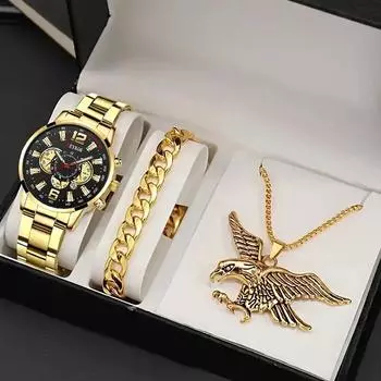 Мужские модные повседневные часы с календарем, мужские часы с ремешком из нержавеющей стали, деловые мужские кварцевые наручные часы, браслет и ожерелье серебряный