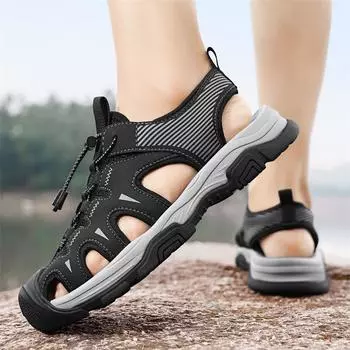 Мужские модные повседневные дышащие сандалии с повязкой на голову, летние спортивные универсальные пляжные туфли 46 чёрный