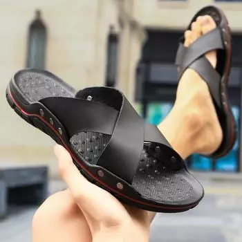 Мужские модные повседневные кожаные тапочки, пляжная обувь, нескользящие домашние мужские тапочки, новые индивидуальные мужские шлепанцы, обувь большого размера 38-48 38 чёрный
