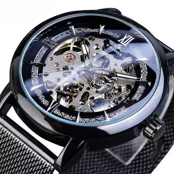 Мужские модные повседневные механические часы в европейско-американском стиле с полым механизмом и автоматическим механизмом