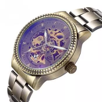 Мужские модные повседневные механические часы в европейско-американском стиле с полым бронзовым механизмом