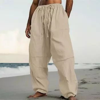 Мужские модные повседневные однотонные брюки с завязками на шнурке и карманами L бежевый