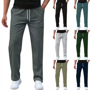 Мужские модные повседневные однотонные брюки со шнурком и карманами XXL чёрный