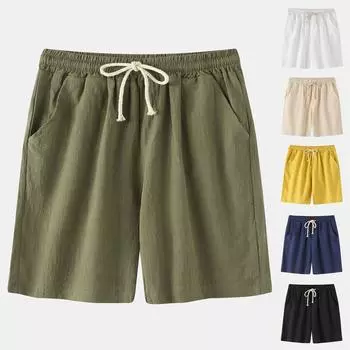 Мужские модные повседневные однотонные хлопковые льняные шорты с галстуком, хлопковые льняные шорты