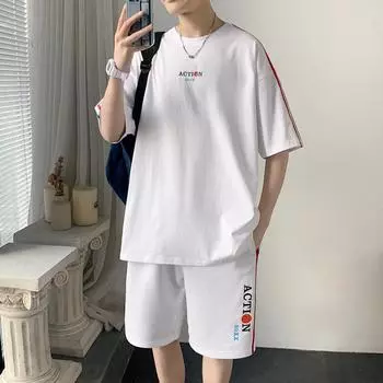 Мужские модные повседневные спортивные костюмы, летняя футболка с коротким рукавом и быстросохнущие шорты, комплект из 2 предметов, пляжный костюм, спортивный костюм XXXXL белый