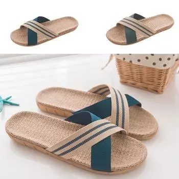 Мужские модные противоскользящие льняные домашние туфли на плоской подошве с открытым носком, пляжные тапочки 40-41 синий