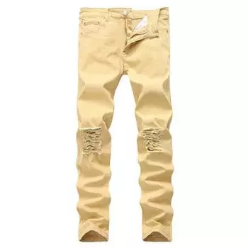 Мужские модные рваные джинсы, облегающие джинсовые плиссированные джинсы, мужские прямые брюки в стиле ретро 42 белый