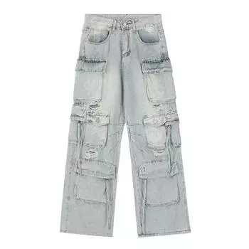 Мужские модные рваные функциональные свободные прямые широкие джинсовые брюки с множеством карманов S чёрный