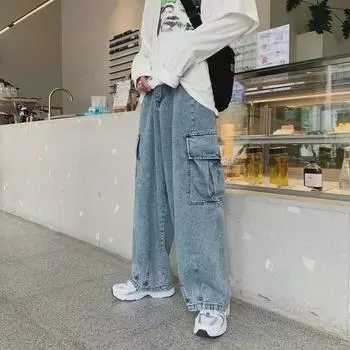 Мужские модные широкие рабочие джинсы: 2023 Лето Повседневный Свободный Корейский Стиль Девятиконечные Брюки Large чёрный