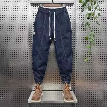 Мужские модные синие джинсы-шаровары: Свободные широкие брюки с манжетами, в стиле пэчворк, весна/лето, большие размеры 29 синий