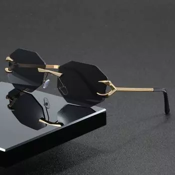 Мужские модные солнцезащитные очки без оправы с многоугольным восьмиугольным дизайном — уличный стиль 2000 года, металлическая оправа, линзы из поликарбоната для повседневной носки и ношения на открытом воздухе серый