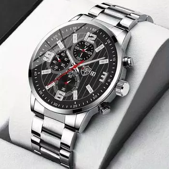 Мужские модные спортивные часы для мужчин, деловые кварцевые наручные часы из нержавеющей стали с календарем, мужские повседневные кожаные светящиеся часы