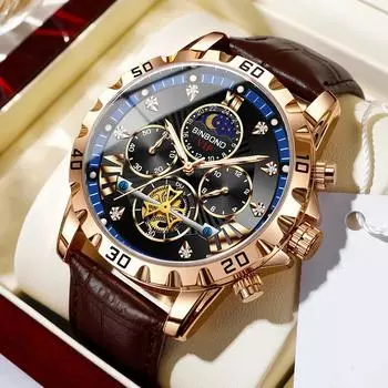 Мужские модные светящиеся кварцевые часы с тремя глазами, циферблат с фазами Луны, водонепроницаемые многофункциональные модные часы с маховиком красный/ярко-розовый