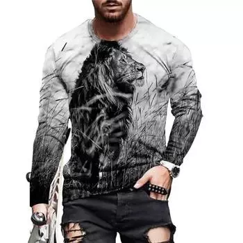 Мужские модные уличные футболки с 3D-принтом, длинные рукава с изображением дракона и оленя, футболки с круглым вырезом, повседневные топы с длинными рукавами S