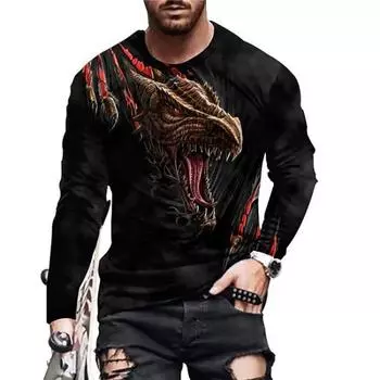 Мужские модные уличные футболки с 3D-принтом, длинные рукава с изображением дракона и оленя, футболки с круглым вырезом, повседневные топы с длинными рукавами S
