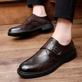 Мужские модные винтажные туфли дерби с пряжкой, мужские кожаные туфли для вечеринок, свадебные туфли, мужские деловые оксфорды, туфли без застежек на плоской подошве 38 чёрный