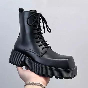 Мужские модные высокие мотоциклетные ботинки на шнуровке, оригинальные кожаные ботинки, ковбойские ботинки на платформе с квадратным носком, дизайнерские ботинки на осень-зиму 38
