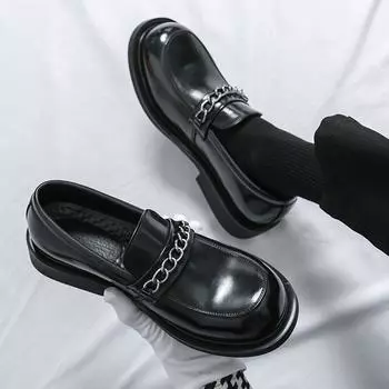 Мужские мокасины из искусственной кожи с низким каблуком, металлической цепочкой, декоративная модная обувь в деловом стиле, повседневная мужская обувь, большой размер 38-46 38 чёрный