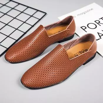 Мужские мокасины из натуральной кожи, модная мужская деловая обувь, дышащая мужская обувь без застежек, ажурные туфли для вождения, летние мокасины 36 чёрный