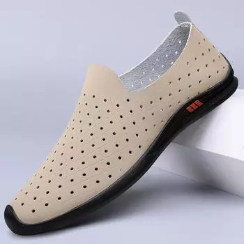 Мужские мокасины из натуральной кожи с выемками, повседневная обувь для мужчин, горячая распродажа, летние мокасины, дышащая обувь для ходьбы, туфли на плоской подошве для езды на открытом воздухе 38 бежевый