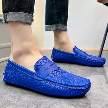 Мужские мокасины, лоферы, туфли для вождения, удобные кожаные туфли на плоской подошве, повседневные туфли-слипоны, большие размеры, цвет синий горох EU: 38 чёрный