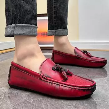 Мужские мокасины, пенни-лоферы, обувь для вождения, удобные кожаные туфли на плоской подошве, повседневные слипоны, цветная обувь больших размеров для мужчин EU: 38 красный