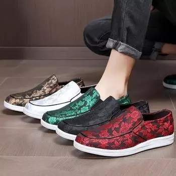 Мужские мокасины повседневные одинарные туфли дышащие толстые подошвы удобные нескользящие износостойкие цветочные платформы золотистые повседневные туфли 39 красный