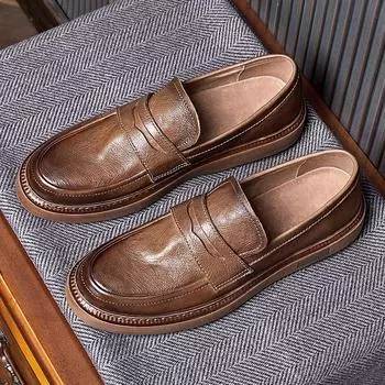Мужские мокасины с одной педалью ручной работы из натуральной кожи в стиле ретро, дышащие, с мягкой подошвой, повседневные кожаные туфли для мужчин, британские мужские туфли 38 коричневый